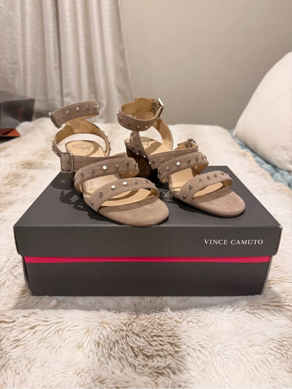 Vince Camuto Braylee Studded Suede Sandals – Totally Taupe – Size 7.5M NWT